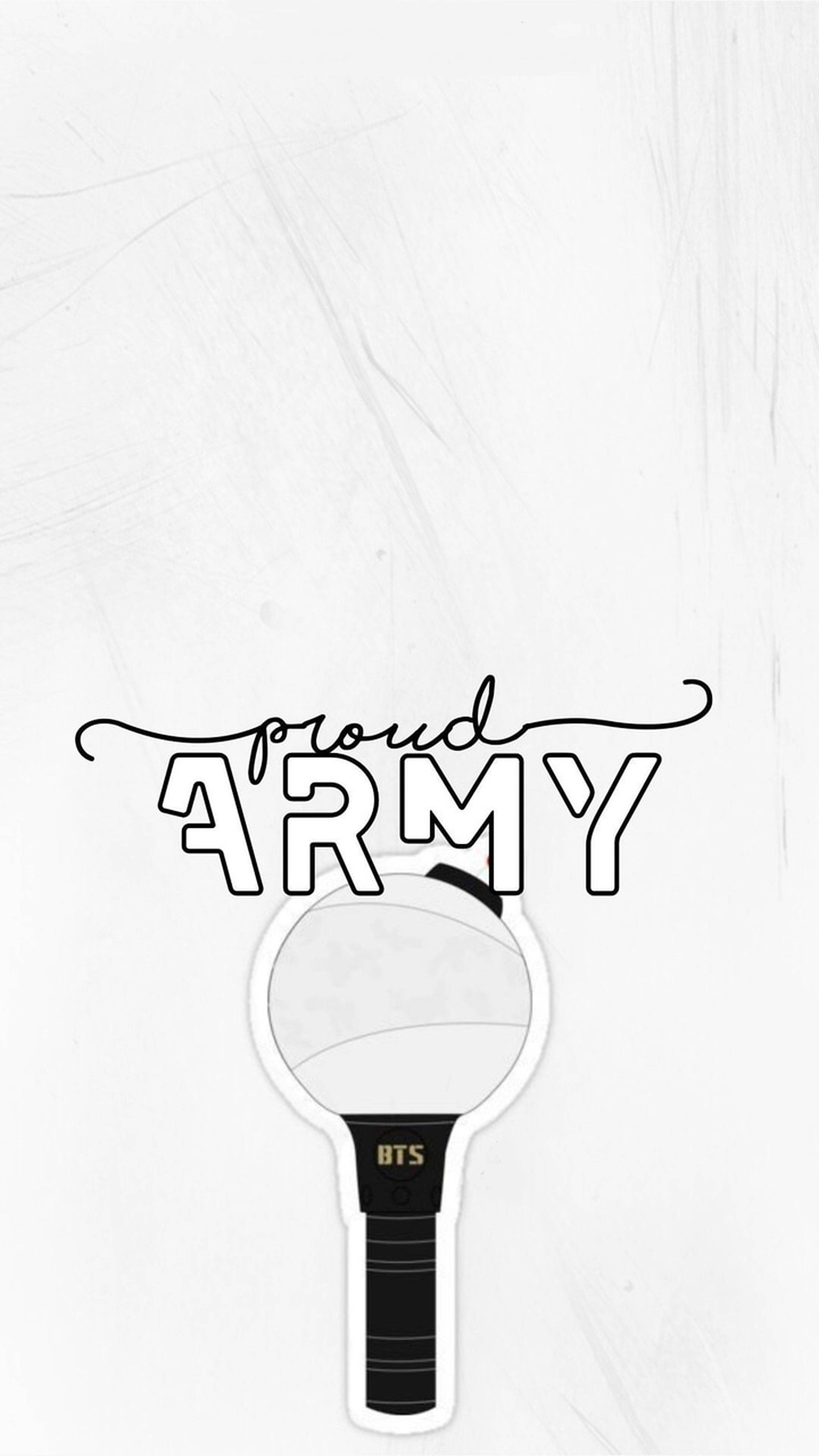 驕傲的BTS粉絲 壁紙 — 一個極簡的黑白BTS應援棒圖案，上面有「proud ARMY」文字，背景是帶紋理的白色。