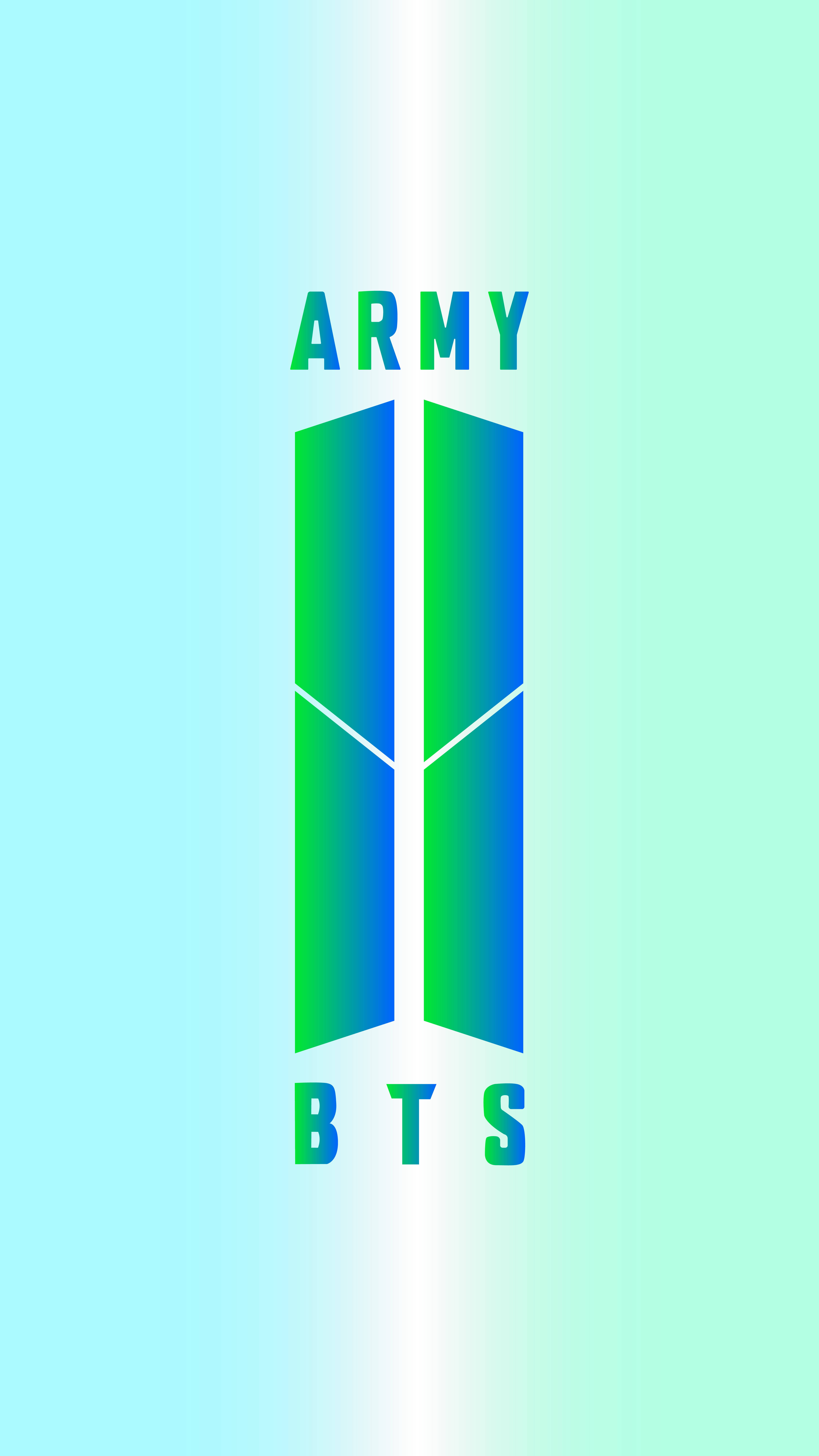 綠色漸層BTS ARMY標誌 壁紙 — BTS標誌，帶有漸變藍綠色的「ARMY」文字，背景為柔和粉彩。