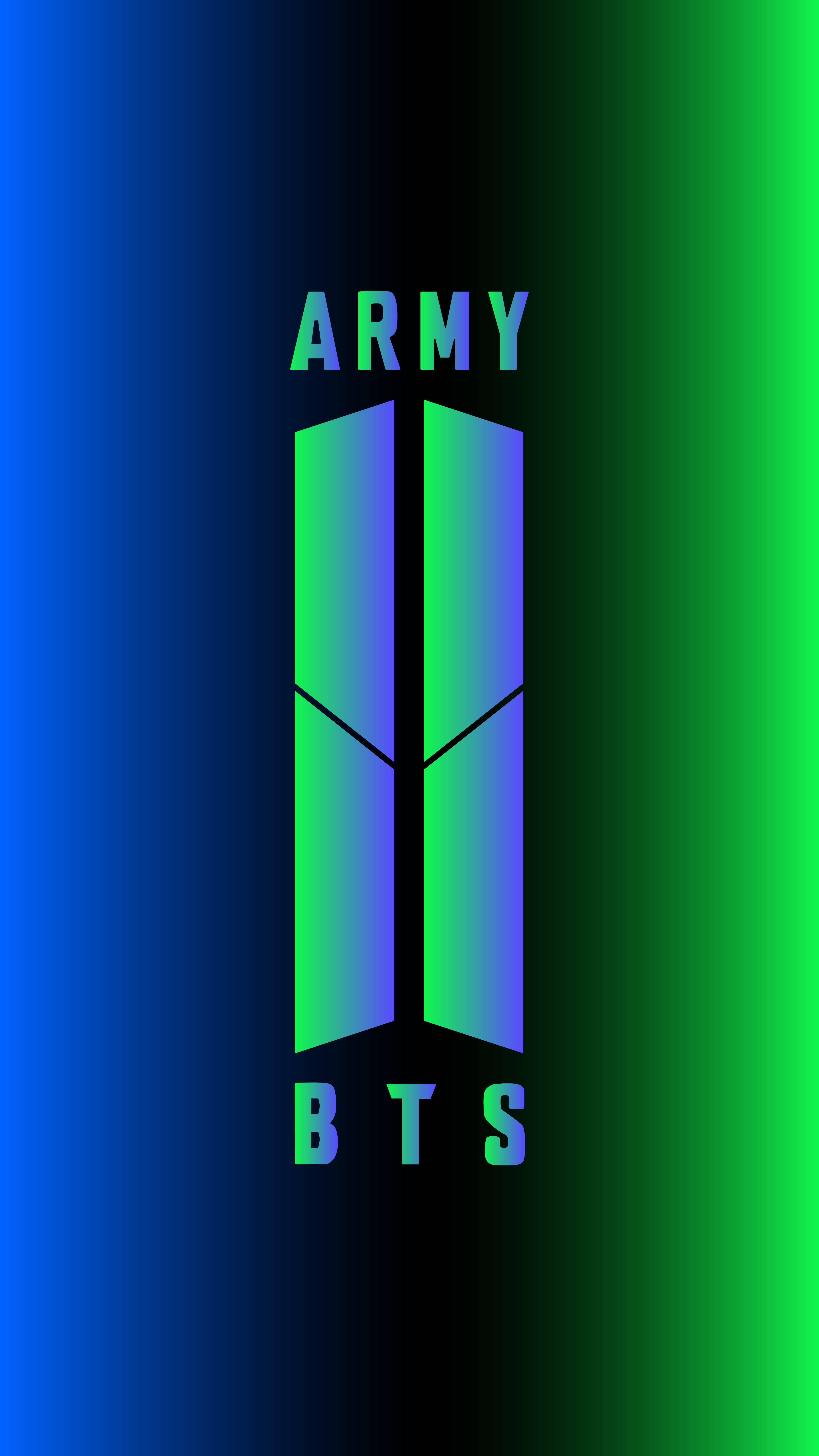 BTS ARMY雙色海報 壁紙 — BTS標誌，中央帶有「ARMY」文字，背景為藍色到綠色漸變。
