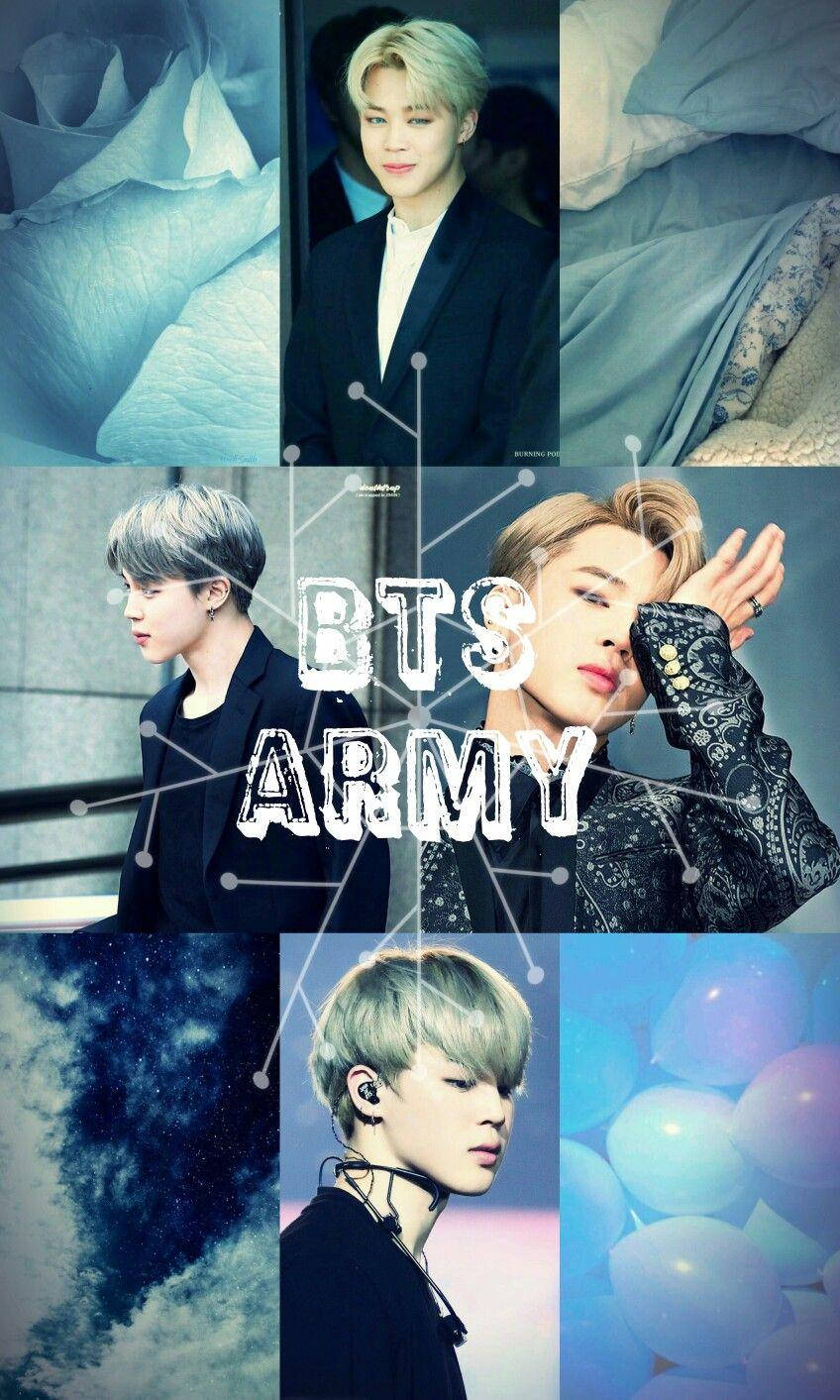 BTS Army Jimin 美學 壁紙 — BTS成員以時尚姿勢拼貼，背景為夢幻藍色，帶有發光球體和宇宙紋理。