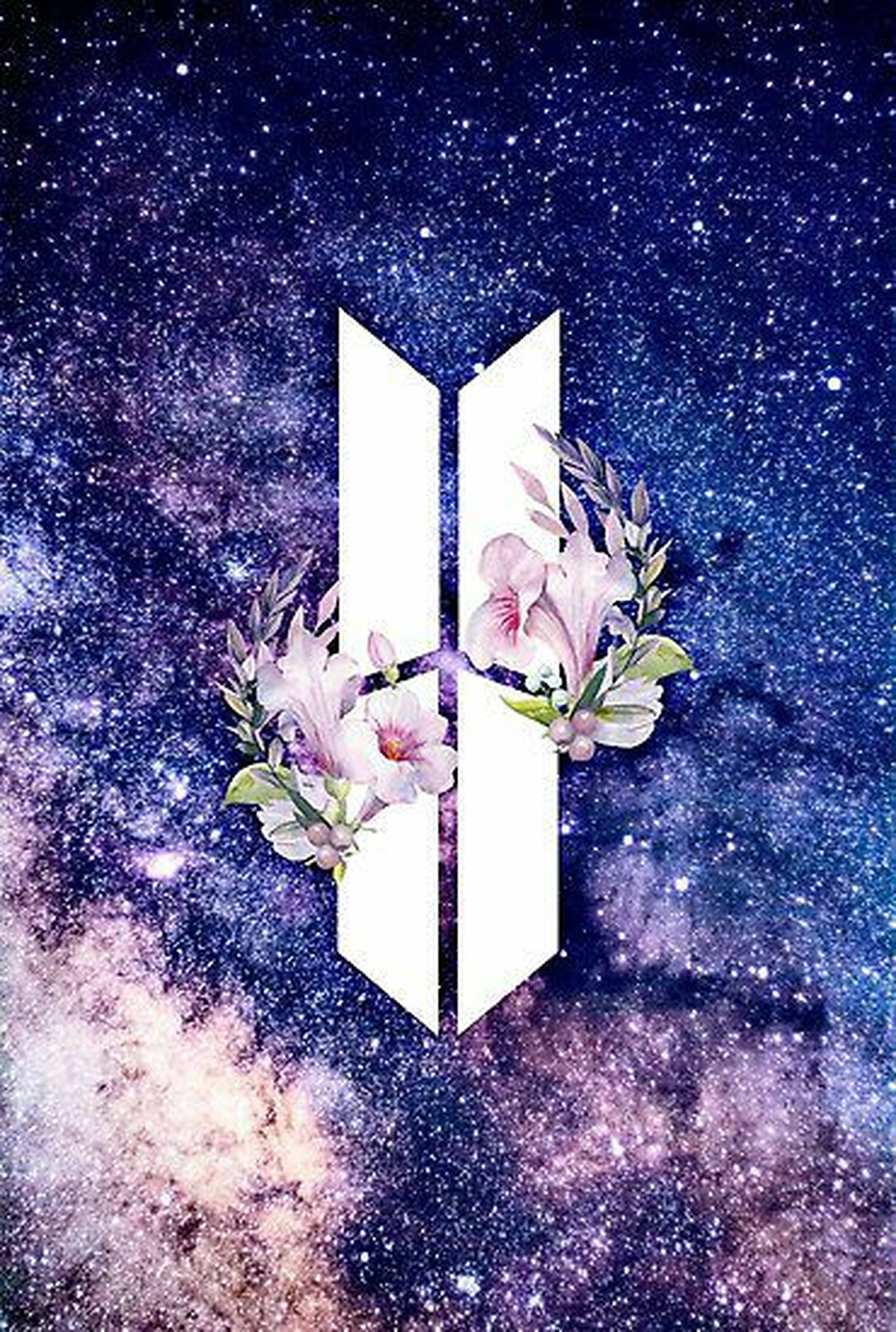 BTS標誌配以花環，背景為星空星系