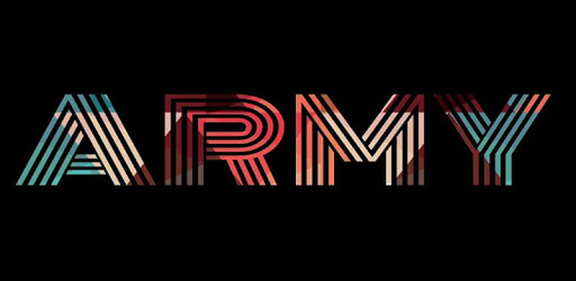 在黑色背景上以彩色幾何條紋風格化的「ARMY」字樣