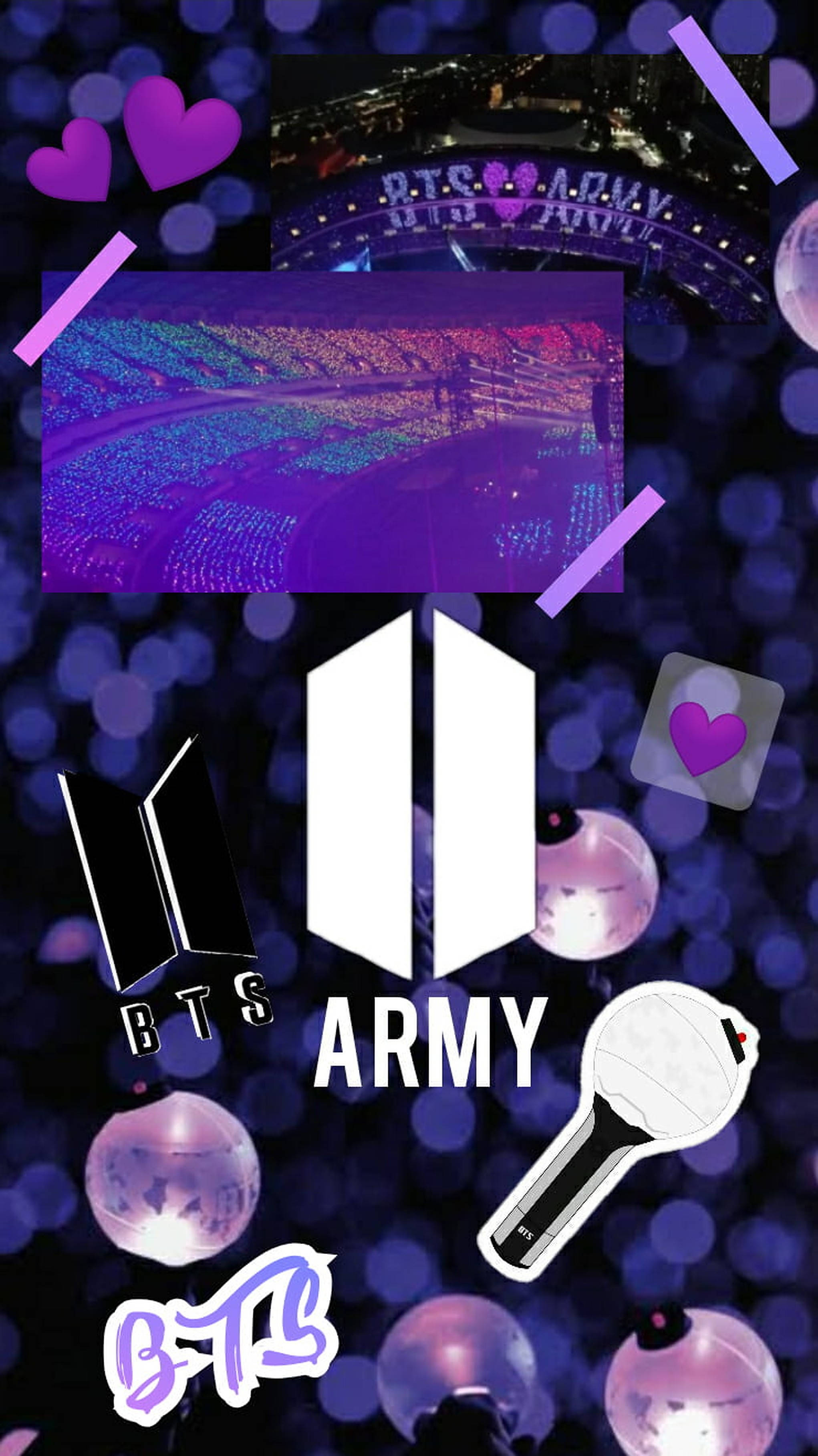 BTS ARMY紫色粉絲藝術 壁紙 — 充滿活力的BTS粉絲牆紙，演唱會燈光閃爍著紫色心形和BTS ARMY標誌，背景為散景效果。