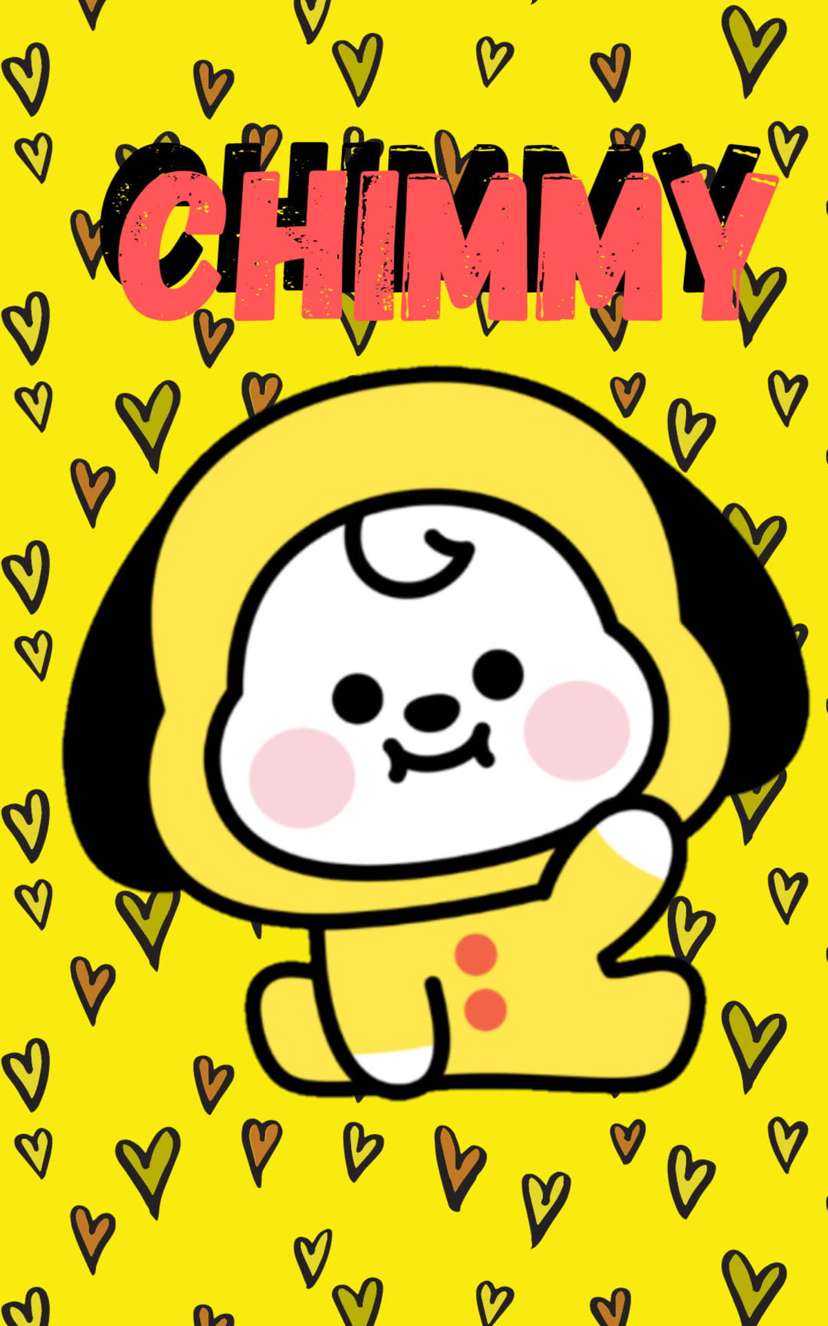 BTS BT21 Chimmy 藝術 壁紙 — 一隻名叫Chimmy的開心卡通狗角色坐在充滿心形的亮黃色背景前微笑。