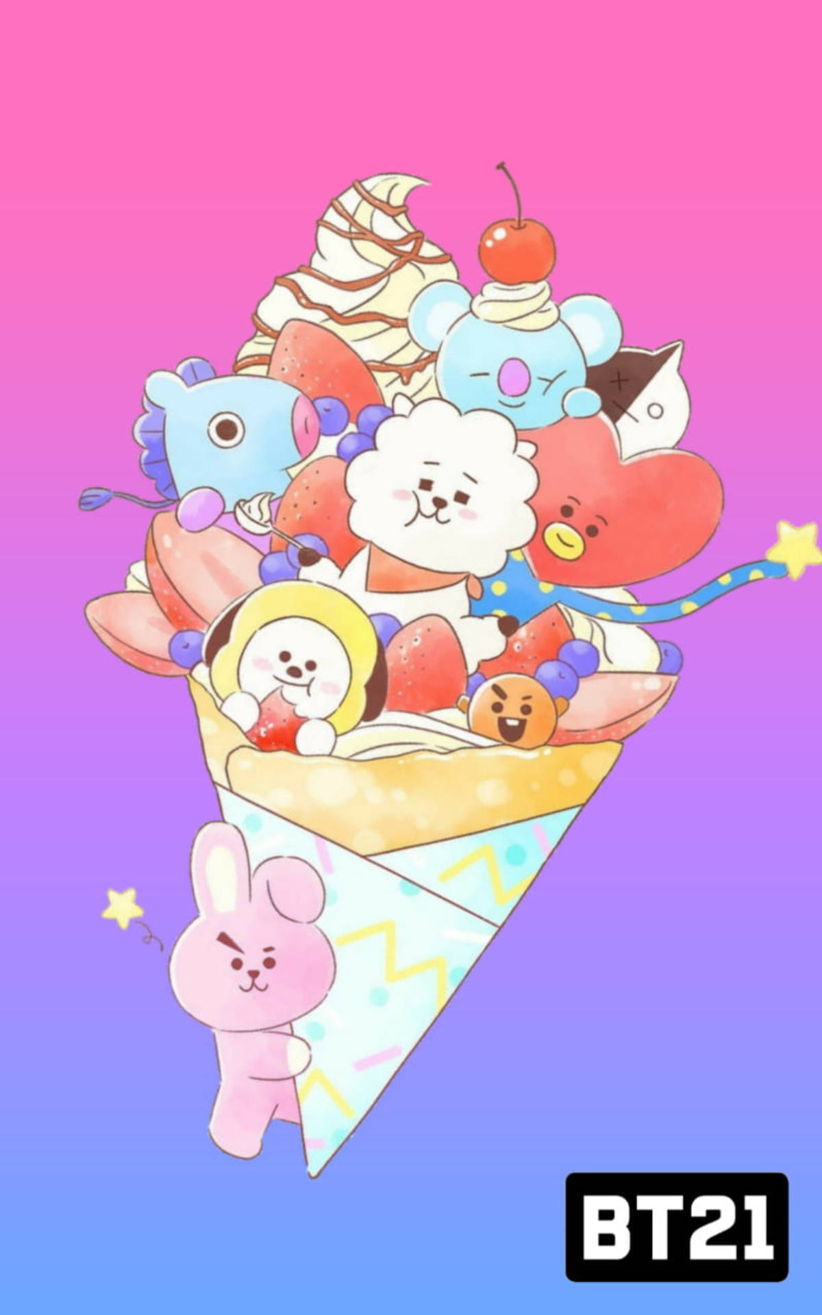 BTS BT21 Cone 藝術 壁紙 — 一個充滿活力的卡通雪糕筒，上面堆滿了BT21角色和配料，背景是粉紅到藍色的漸變色。