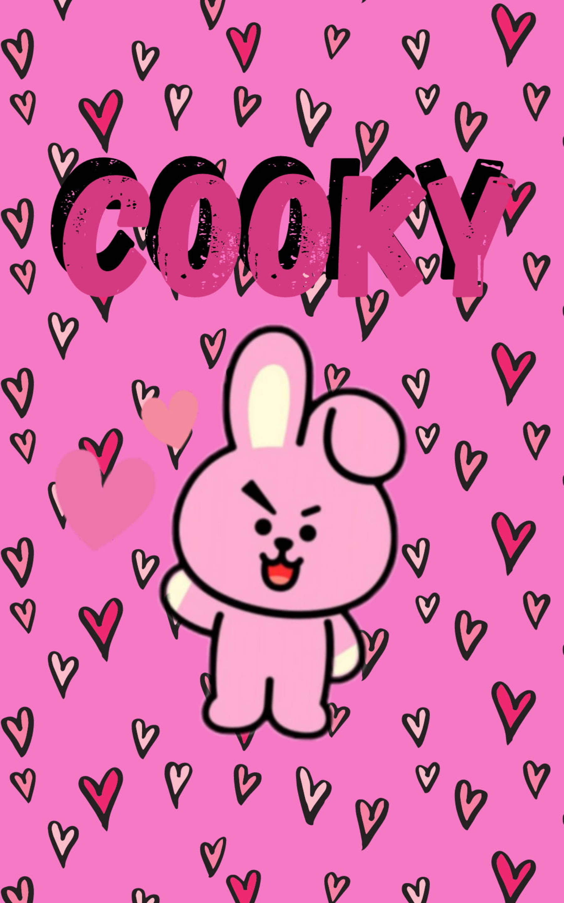 BTS BT21 Cooky 藝術 壁紙 — 一隻粉紅色卡通兔仔帶住憤怒嘅表情企喺充滿散落心形同「COOKY」字樣嘅鮮豔粉紅色背景前面。