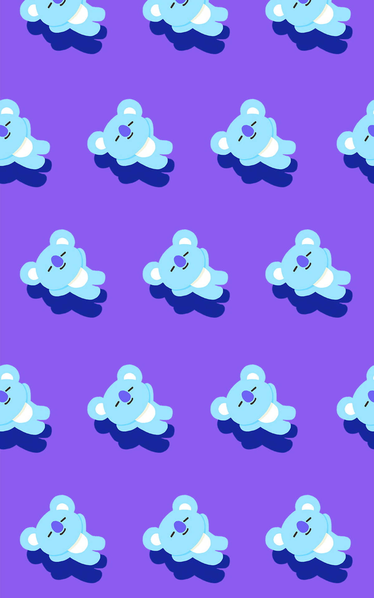 BTS BT21 Koya 模式 壁紙 — 在充滿活力的紫色背景上，帶有深藍色陰影的可愛淺藍色卡通樹熊的重複圖案。