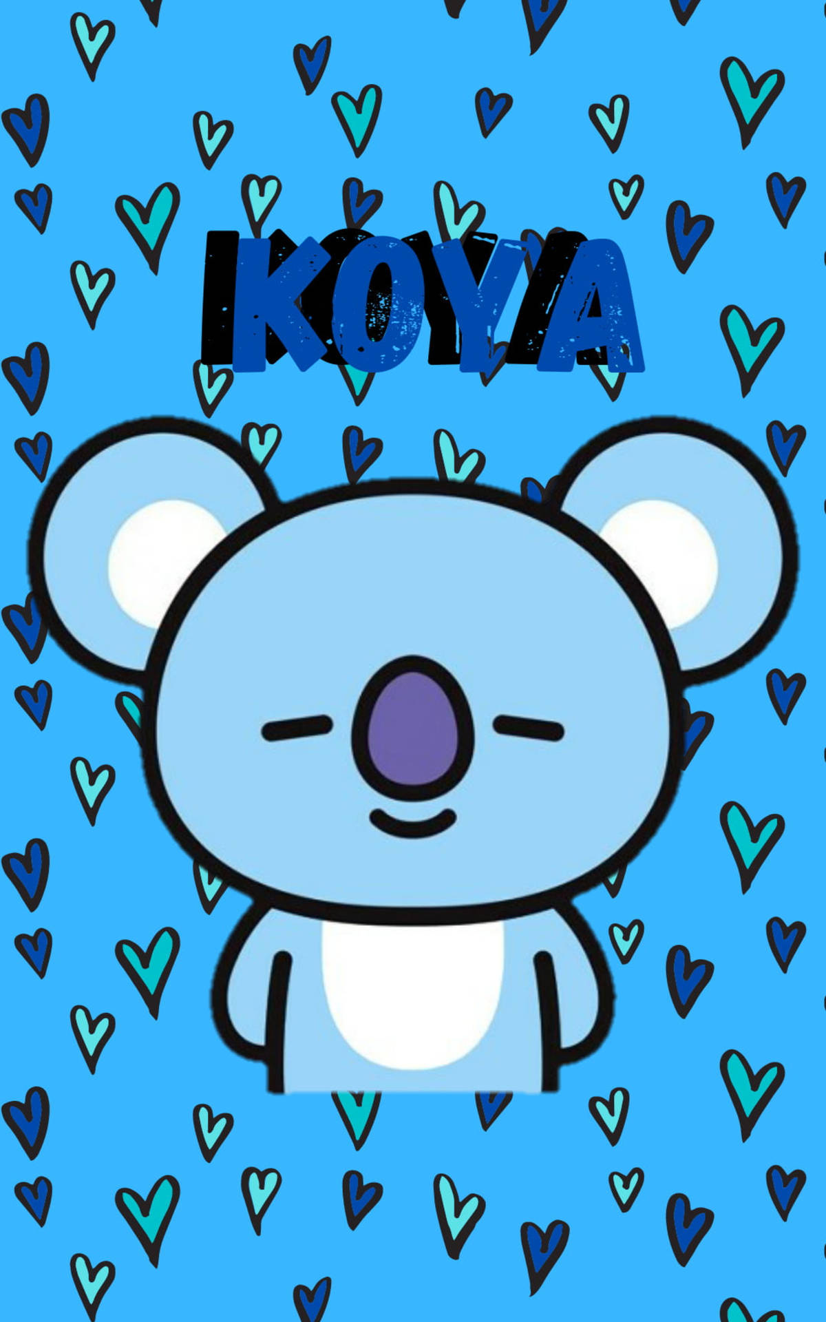 BTS BT21 Koya 藝術 壁紙 — 一隻可愛的藍色卡通樹熊閉著眼睛微笑，背景是明亮的藍色，充滿散落的心形圖案。