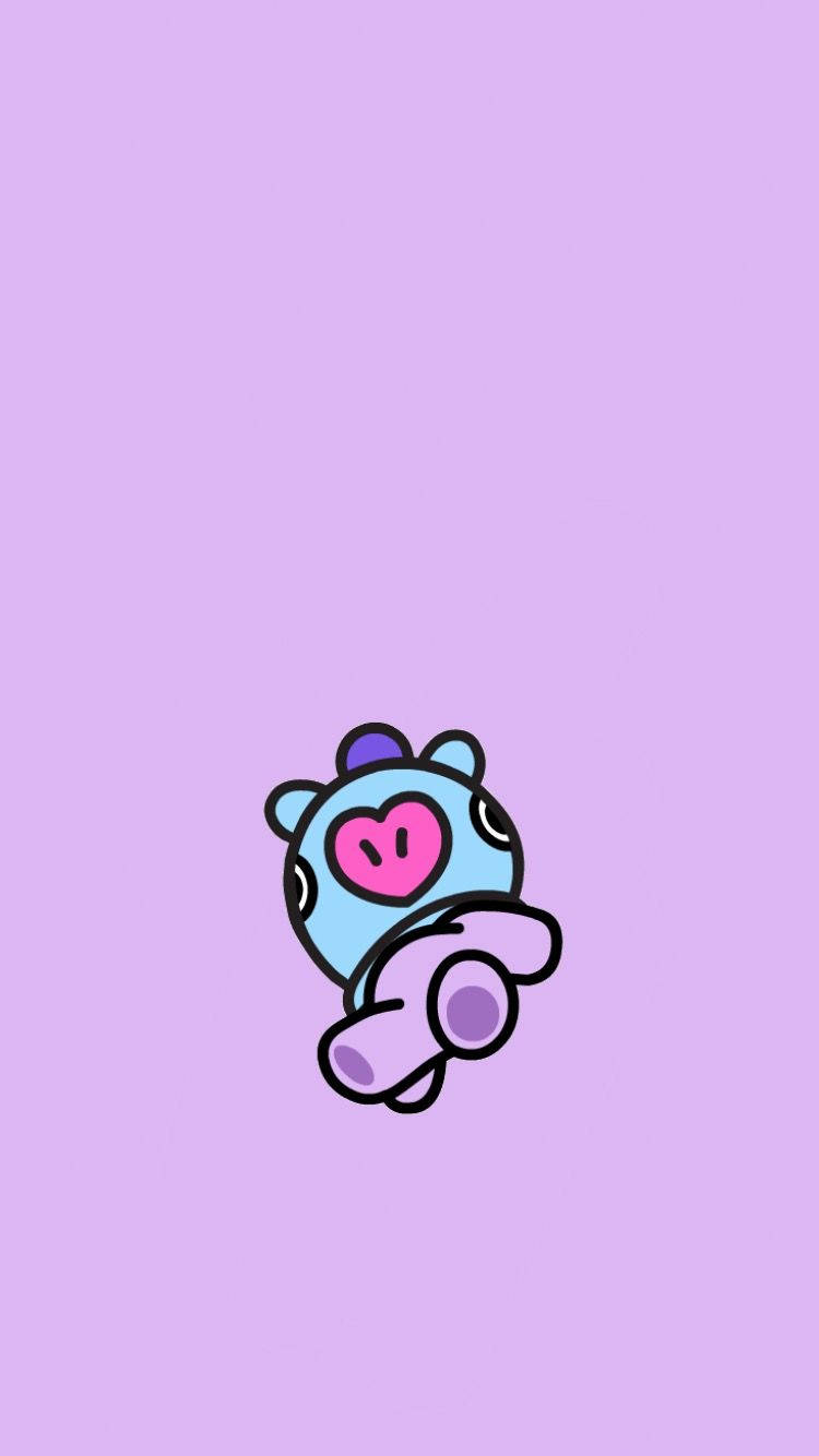 BTS BT21 Mang 屏幕藝術 壁紙 — 一個可愛的藍色卡通角色，擁有粉紅色心形臉和紫色四肢，獨自坐在純色薰衣草背景上。