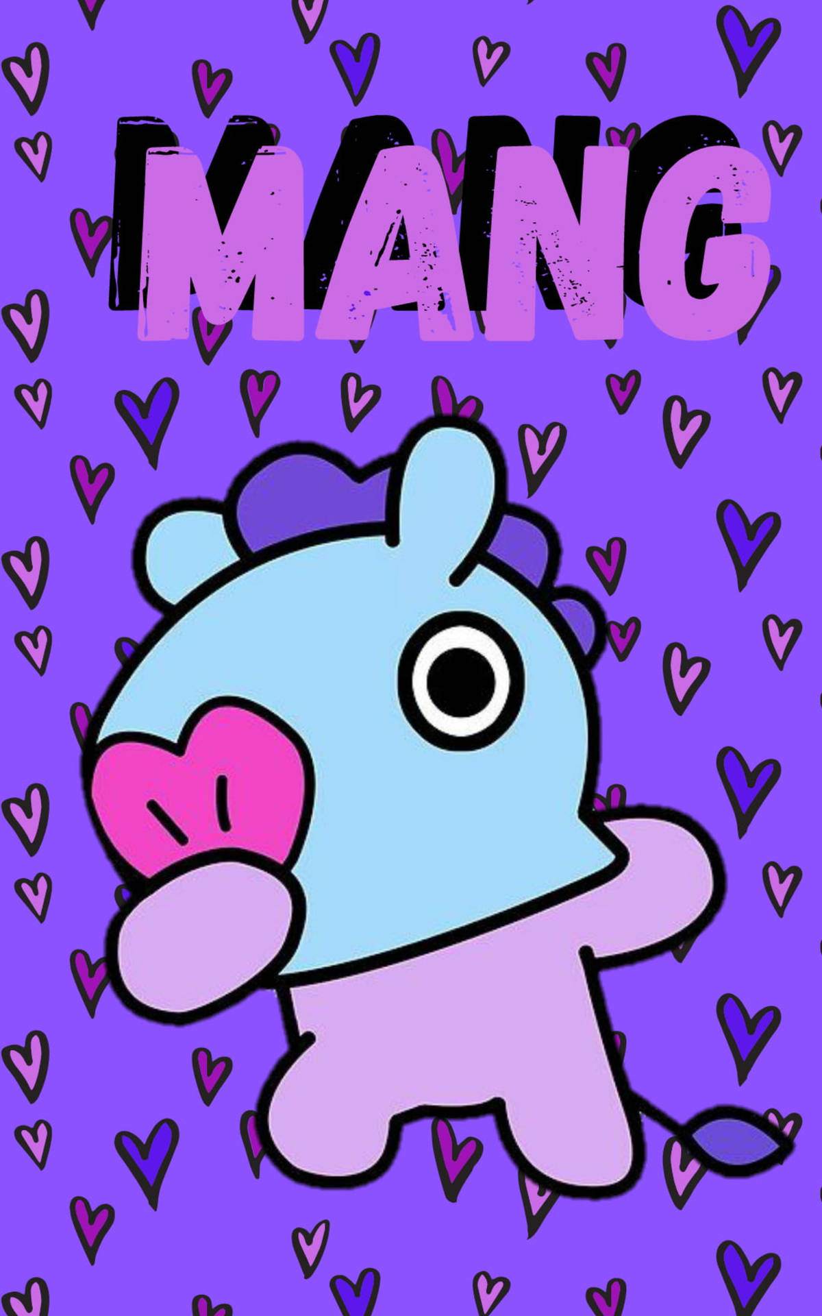 BTS BT21 Mang 藝術 壁紙 — 一個可愛的藍色卡通角色在充滿心形和粗體文字的紫色背景上拿著一個粉紅色的心形。
