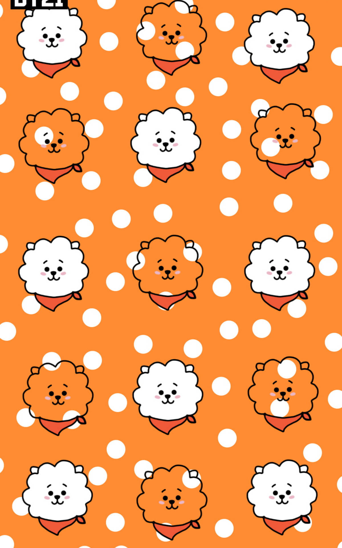 BTS BT21 RJ 模式 壁紙 — 重複的可愛卡通狗圖案，橙色和白色蓬鬆頭部，戴著紅色頭巾，在明亮的橙色背景上帶有白色圓點。