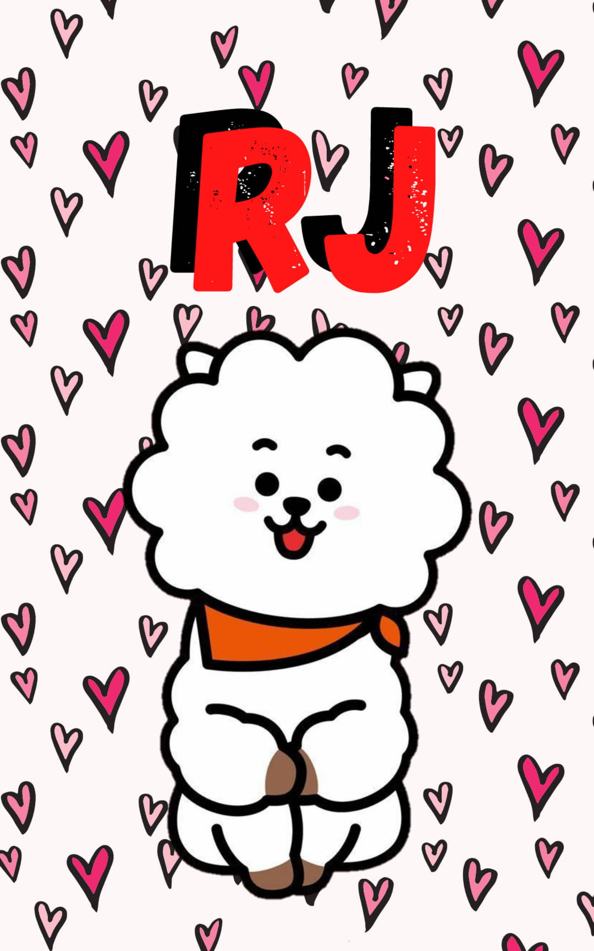 BTS BT21 RJ 藝術 壁紙 — 一隻可愛的卡通羊駝戴著橙色圍巾，坐在粉紅色心形和粗體紅色RJ字母之間。