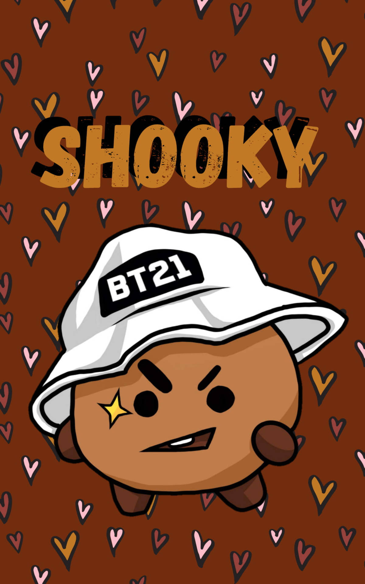 BTS BT21 Shooky 藝術 壁紙 — 一個可愛的卡通角色，戴著印有BT21的白色帽子，臉頰上有一顆星星，站在充滿心形的棕色背景前。
