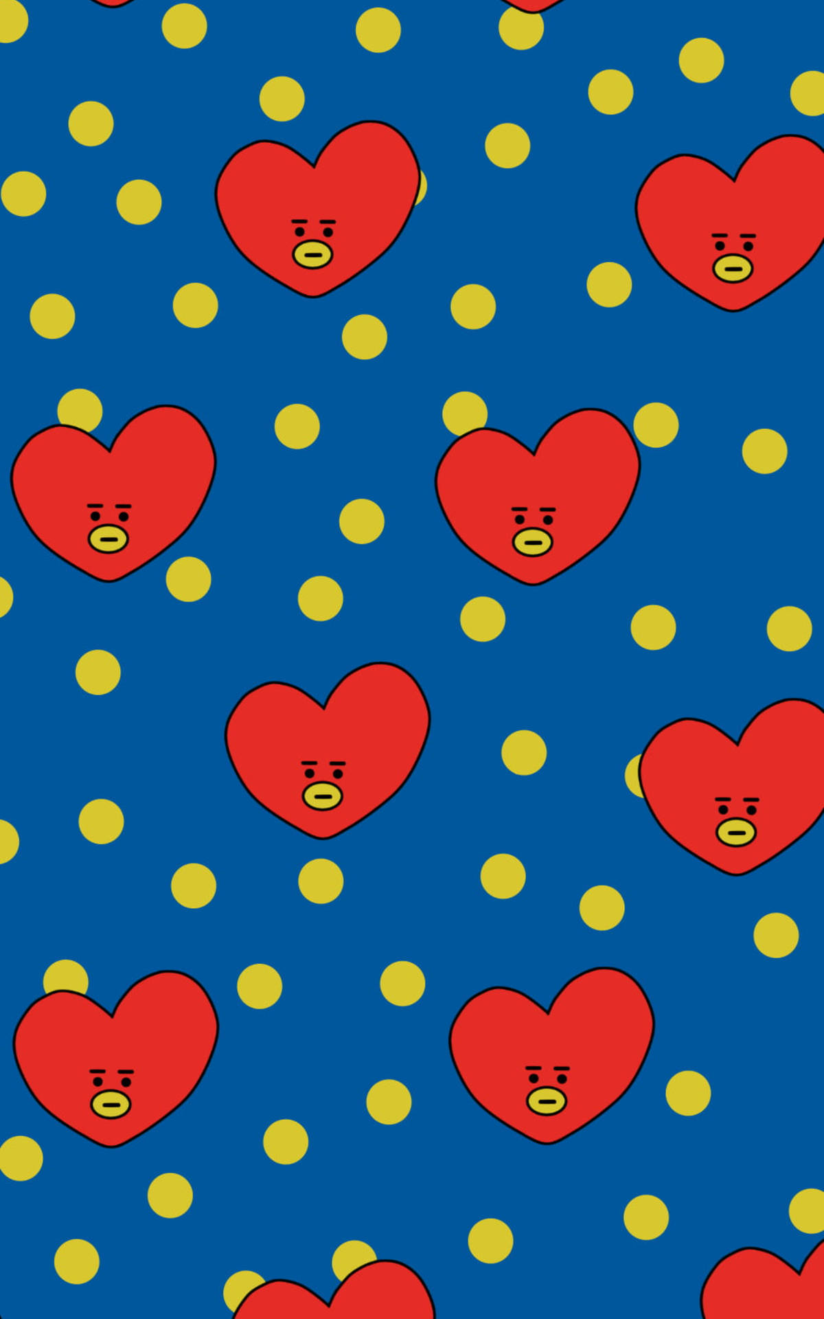 BTS BT21 Tata 模式 壁紙 — 紅色心形角色帶有黃色嘴巴，漂浮在深藍色背景上的黃色圓點之間。