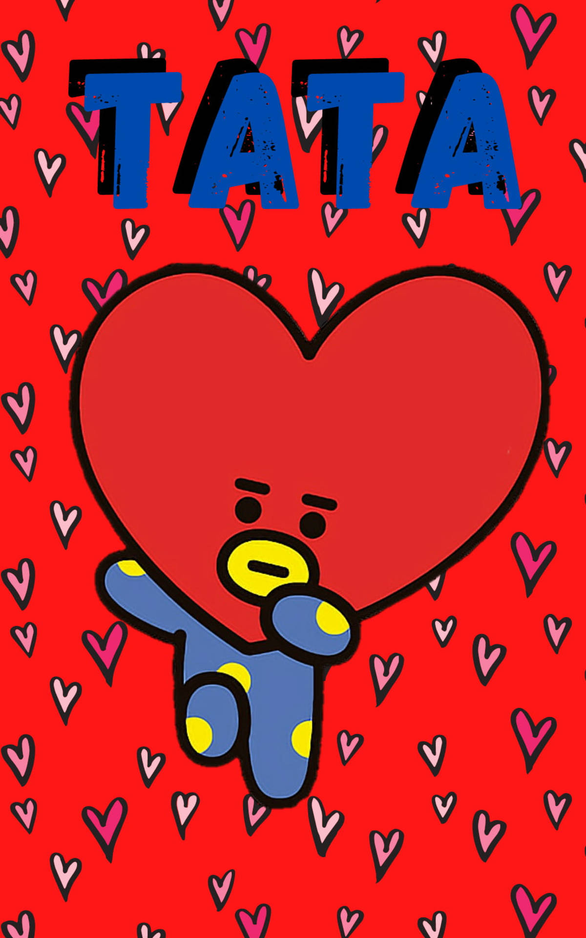 BTS BT21 Tata 藝術 壁紙 — 一個藍色圓點角色喺一個充滿散落粉紅色同白色心形嘅鮮紅色背景前，擁抱一個巨大嘅紅色心形。