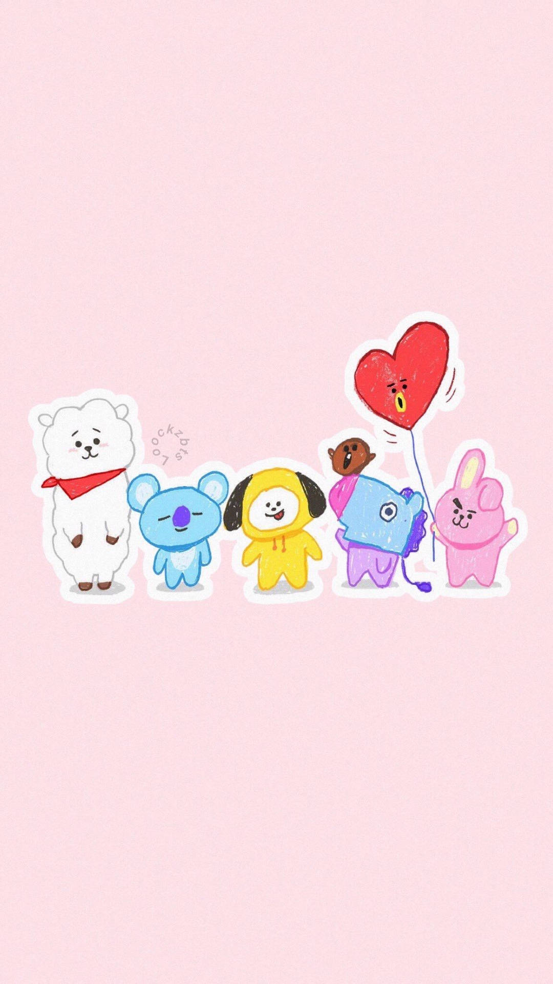 BTS BT21 一字排開 壁紙 — 五個可愛卡通角色拿著心形氣球，一起站在柔和的粉紅色背景上。