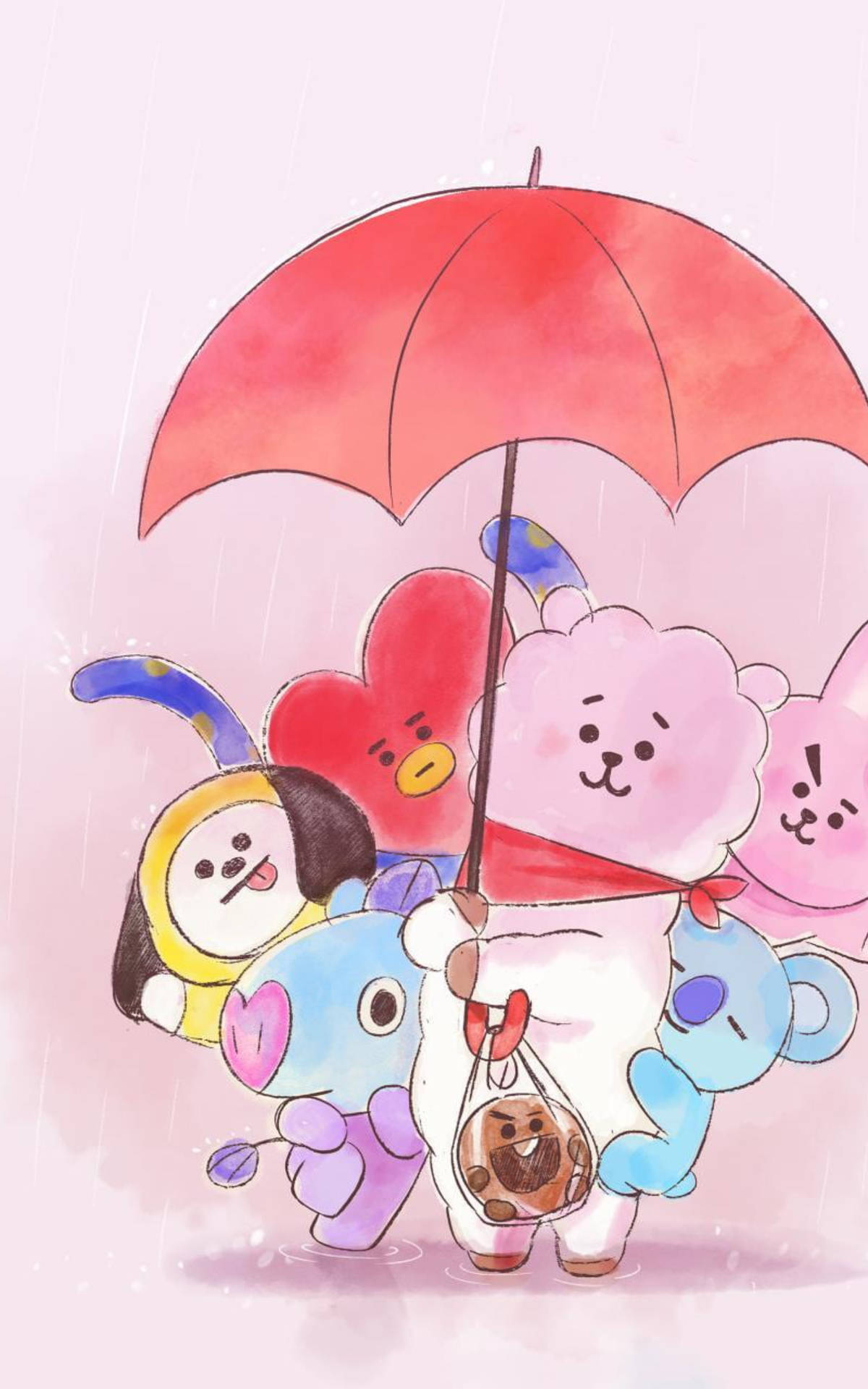 BTS BT21 一把紅傘 壁紙 — 可愛的卡通角色在柔和的雨中擠在紅色雨傘下，背景是柔和的粉紅色水彩。