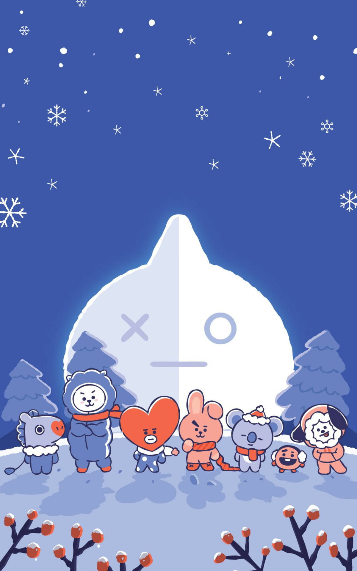 BTS BT21 冬日藝術 壁紙 — 可愛的卡通角色穿著冬季裝備，站在一個表情悲傷的巨大雪人前，雪花飄落。