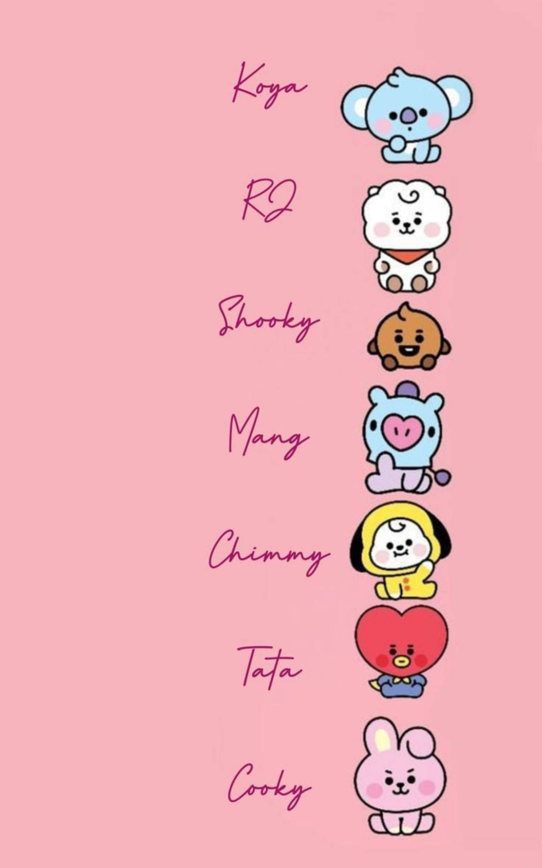 BTS BT21 名字遊戲 壁紙 — 七個可愛的BT21角色垂直坐在純粉紅色背景上，旁邊用紫色草書寫著他們的名字。