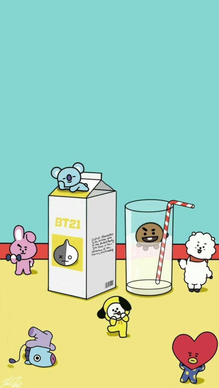 BTS BT21 廚房混亂 壁紙 — 可愛的BT21角色在明亮的黃色地板上，以青綠色的牆壁為背景，頑皮地圍繞著一個牛奶盒和帶有吸管的玻璃杯。