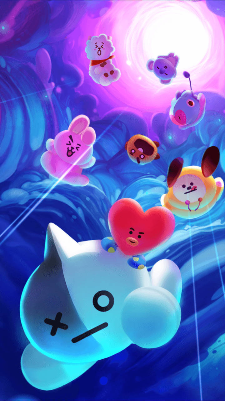 BTS BT21 掉落隧道 壁紙 — 一隻發光的藍色貓咪帶著一顆心，在旋轉的宇宙漩渦中漂浮，周圍還有漂浮的卡通角色。