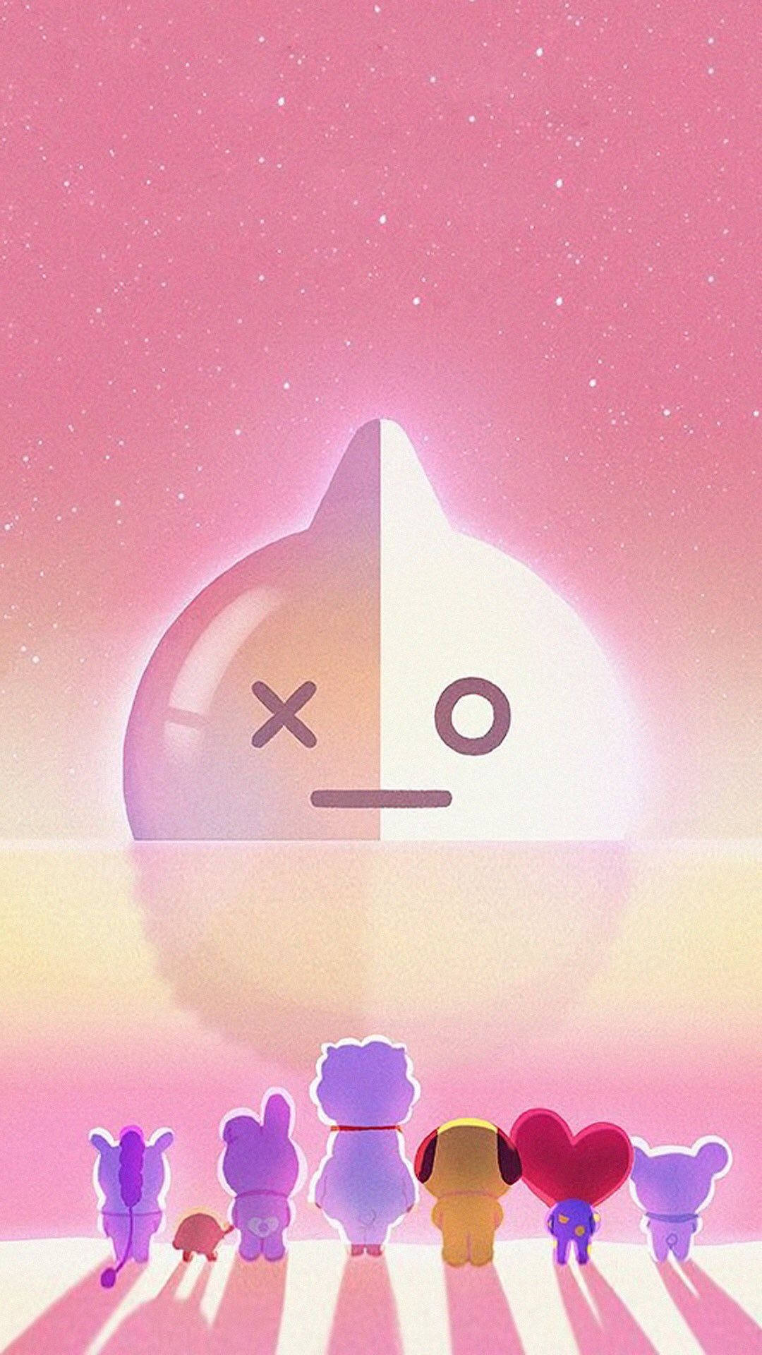 BTS BT21 日落貨車 壁紙 — 一群可愛的卡通動物仰望一個巨大的半粉紅半白色笑臉，背景是滿天星星的粉紅天空。