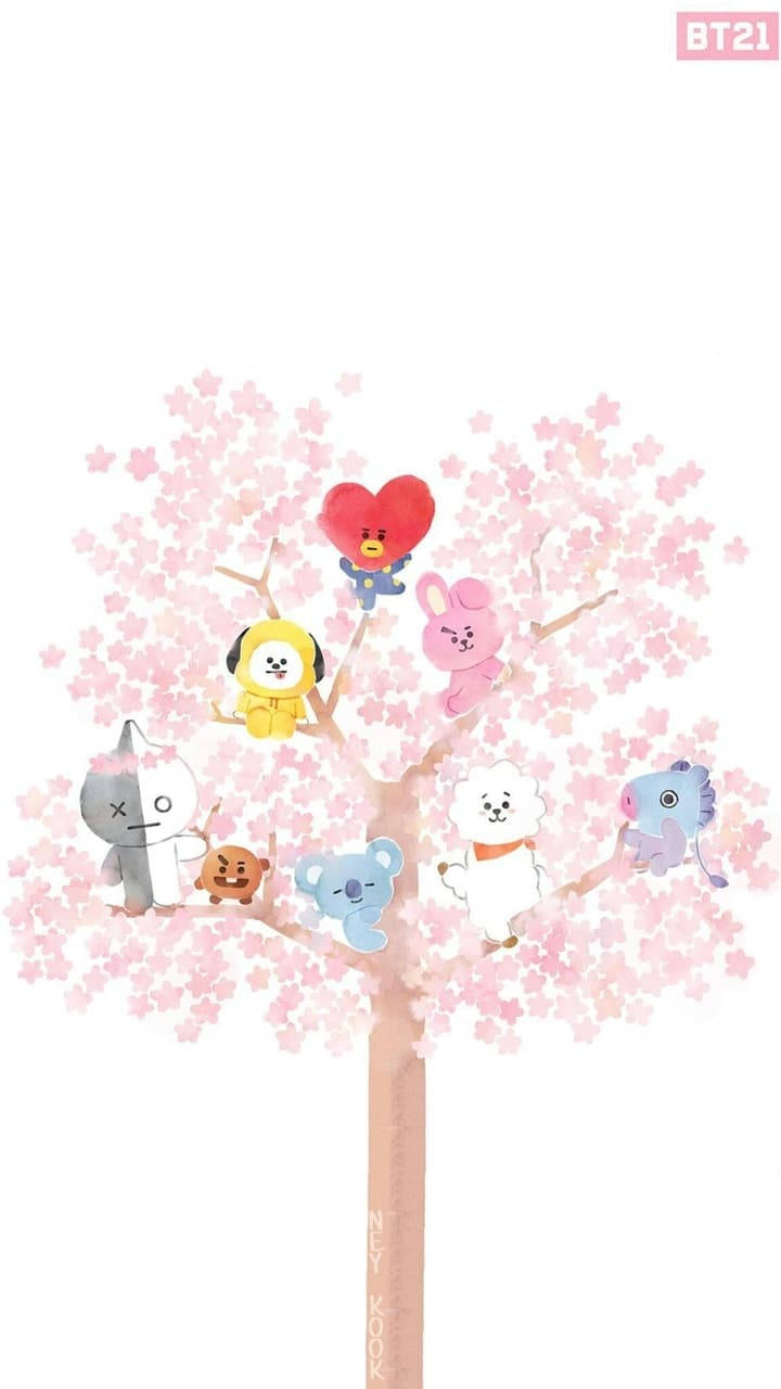 BTS BT21 樱花樹 壁紙 — 可愛的BT21角色棲息在盛開的粉紅色櫻花樹上，上方漂浮著一顆紅心。