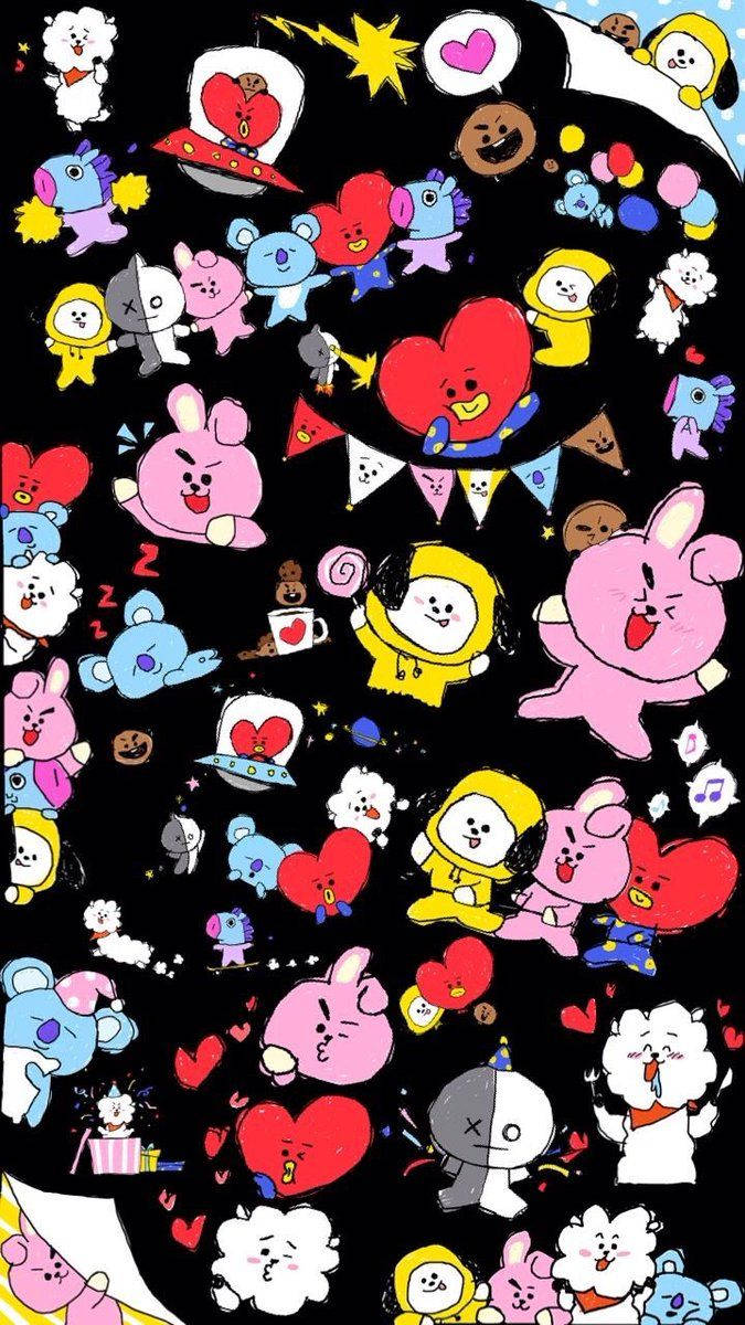 BTS BT21 涂鴉藝術 壁紙 — 一個充滿活力、混亂的拼貼畫，描繪了色彩繽紛的 BT21 卡通角色在黑色背景上跳舞和慶祝，背景中有心形和星星。