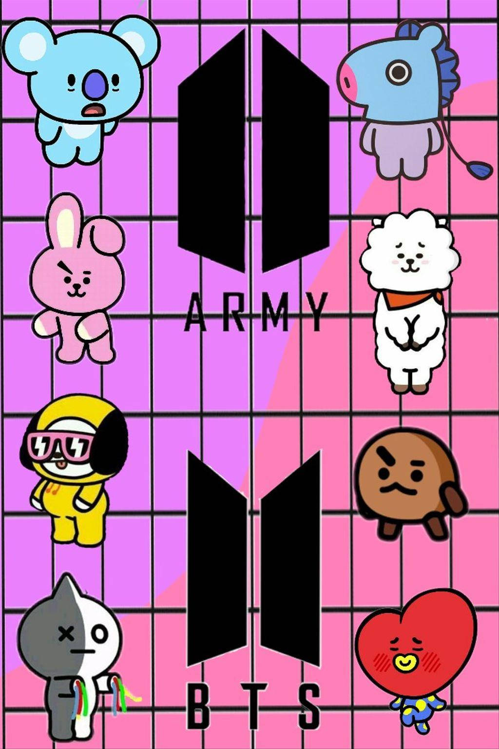 BTS BT21 簡約藝術 壁紙 — 色彩繽紛的卡通角色在粉紅色網格背景上圍繞BTS標誌漂浮。