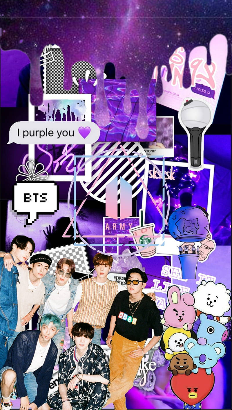 BTS BT21 紫色美學壁紙 壁紙 — 充滿活力的紫色BTS粉絲牆紙拼貼，包含團體照片、周邊商品和卡通人物，背景是星空。