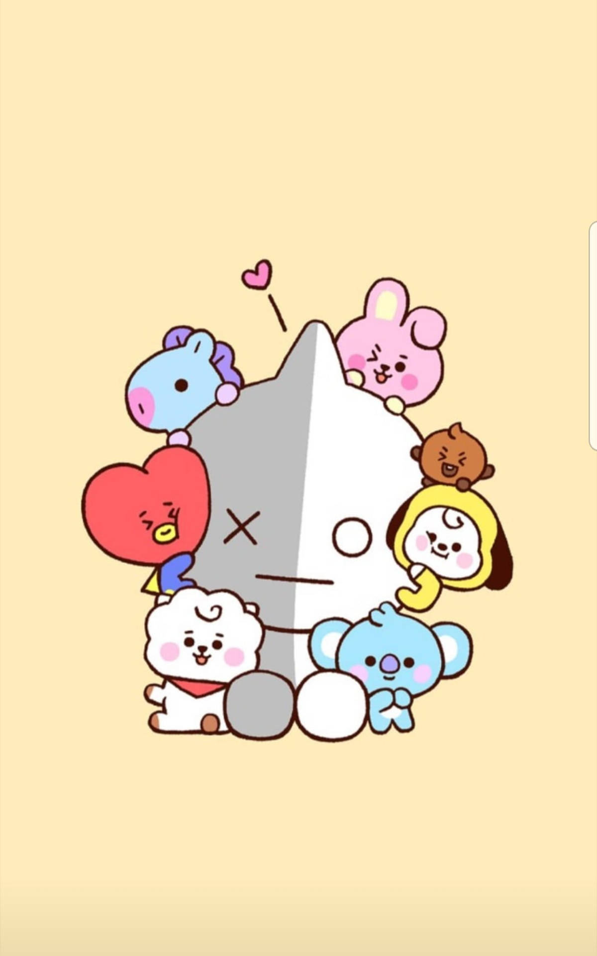 BTS BT21 范圍擁抱 壁紙 — 七個可愛的卡通人物擠在一個大的灰色貓形人物周圍，背景是柔和的黃色。