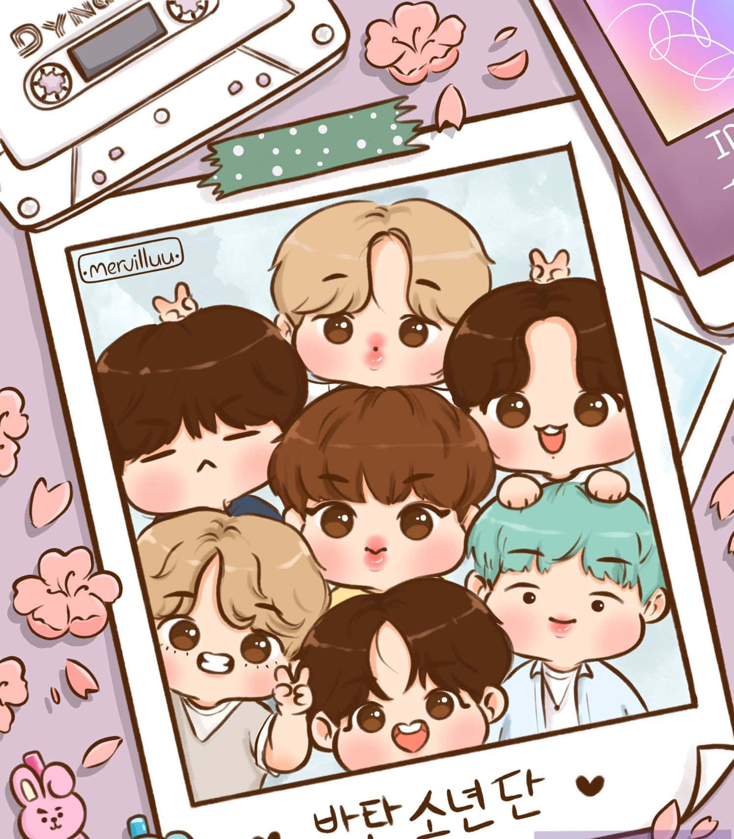 BTS - BTS - BTS - BTS - BTS - B 壁紙 — 一個可愛的Q版插圖，七個微笑的男孩在一個相框內，周圍環繞著卡式錄音帶和粉紅色的櫻花。