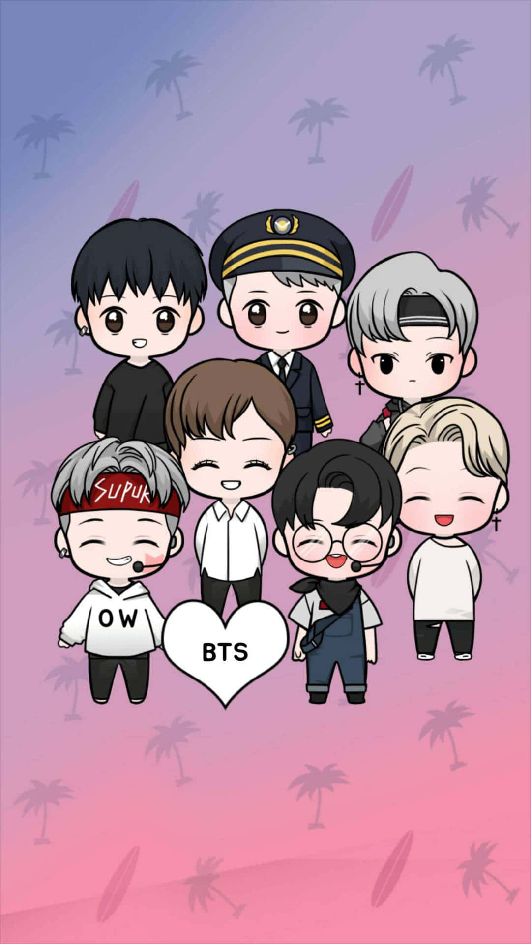 BTS BTS BTS BTS BTS BTS BTS BTS 壁紙 — Q版BTS成員圍繞著帶有「BTS」文字的心形微笑，背景為粉紫漸變色和棕櫚樹剪影。