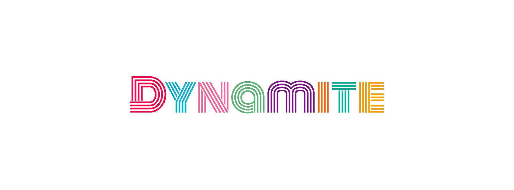 白色背景上以粗體彩虹條紋字體拼寫的 dynamite