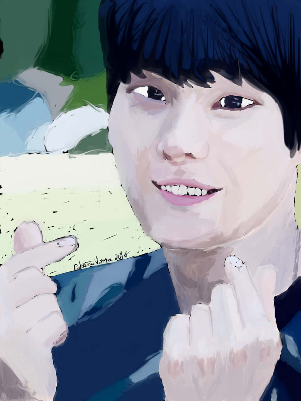 BTS成員數位藝術畫作 壁紙 — 一個風格化的數碼肖像，描繪一位微笑的深色頭髮年輕男子，手持簽名卡並做出手指愛心手勢。