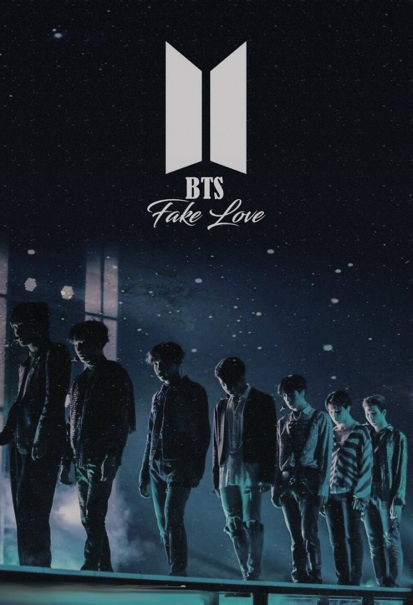 BTS 樂隊成員在星空下以剪影呈現，附有專輯名稱 Fake Love