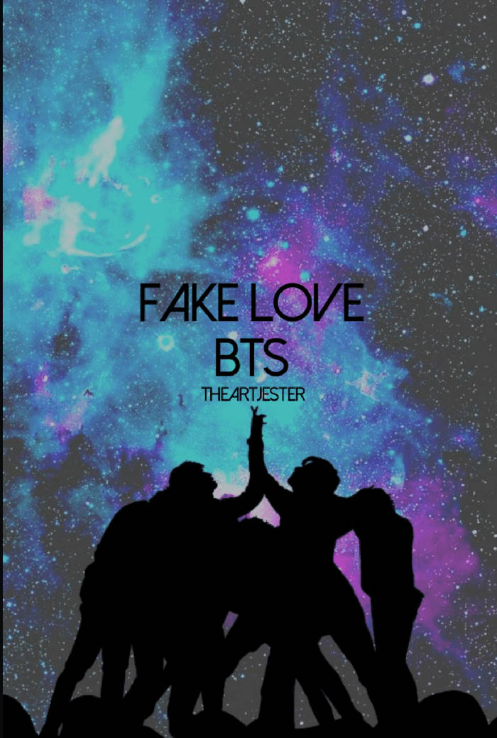 BTS Galaxy《Fake Love》 壁紙 — 剪影人物在充滿活力的宇宙星雲背景下舉起雙手團結一致，背景有發光的星星和旋轉的青綠色紫色色調。