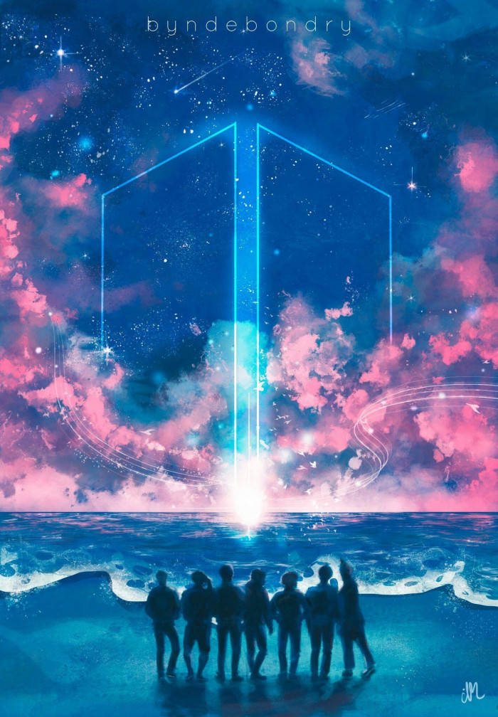 一群人在星空下觀看一個發光的傳送門從海洋中升起。