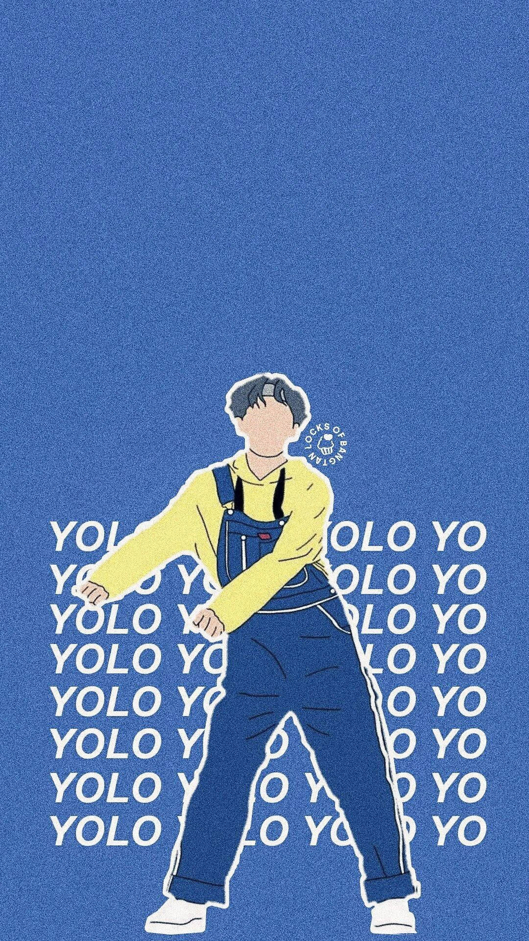 BTS卡通跳舞 壁紙 — 一個風格化的插圖，描繪一個穿著工裝褲的人在藍色背景上跳舞，背景重複出現YOLO文字。