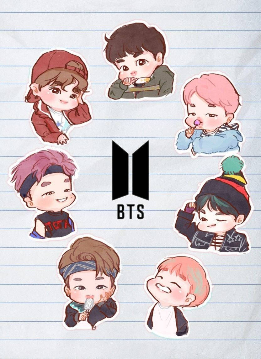 BTS卡通紙上圖 壁紙 — Q版風格的BTS成員以可愛貼紙形式出現在橫線筆記本紙上，中央放置團體標誌。