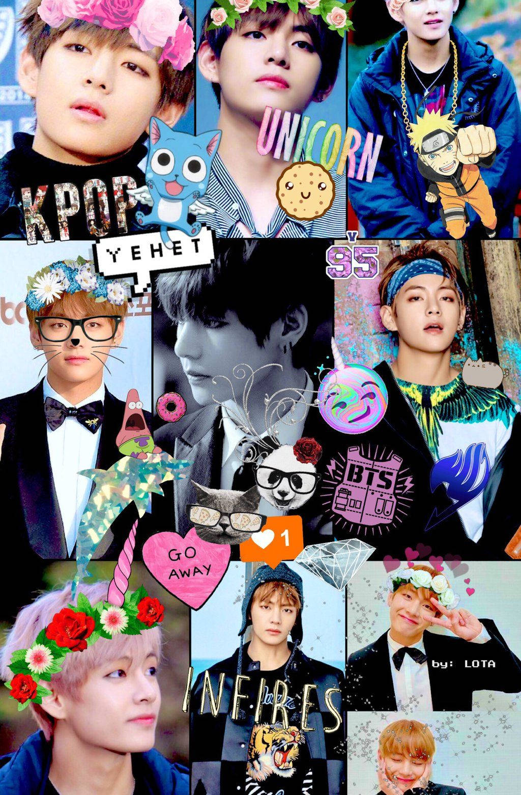 BTS 男子團體成員 V、Jungkook、Jimin、Suga、Jin、RM 和 J-Hope 與可愛貼紙的合照。