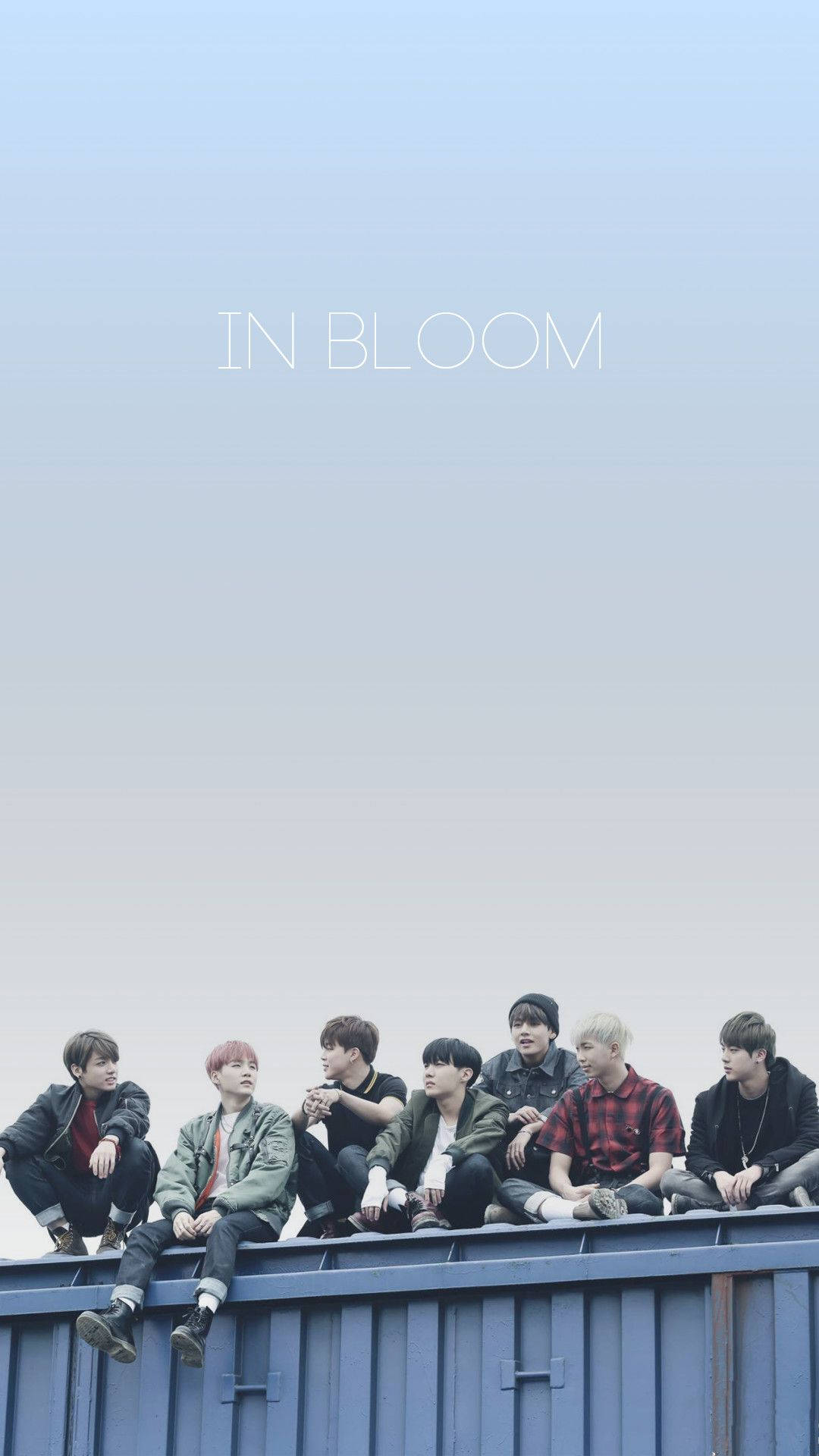 七位年輕男子坐在藍色金屬容器上，上方有「IN BLOOM」字樣。