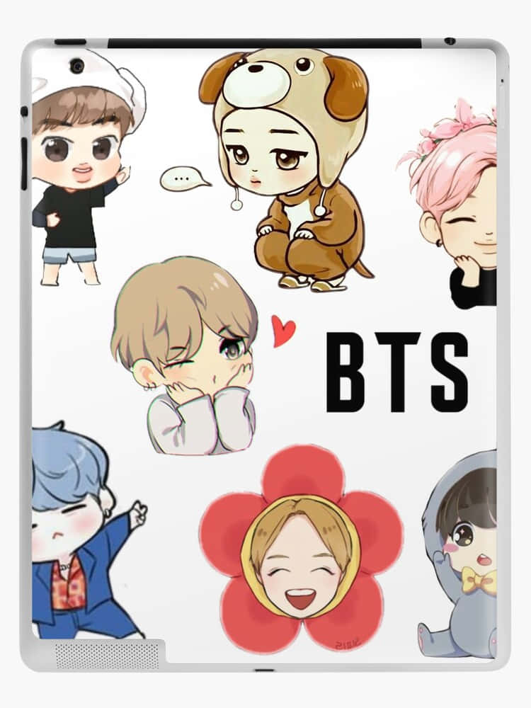 BTS iPad 皮套 壁紙 — 可愛風格的BTS成員以可愛服裝和姿勢出現在白色平板保護殼上，帶有粗體黑色BTS文字。