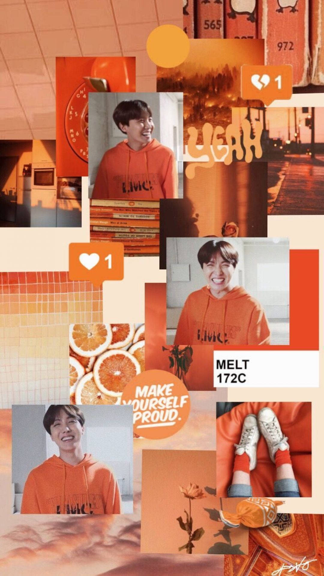 BTS J-Hope 橙色美學壁紙 壁紙 — 暖色調拼貼畫，展示一位微笑的男士穿著橙色連帽衫、柑橘片、社交媒體圖示和勵志文字，背景帶有紋理。