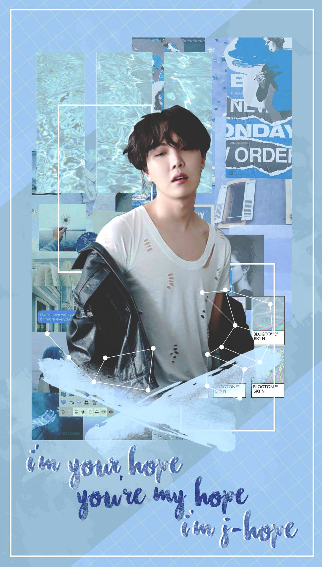 BTS J-Hope與希望 壁紙 — 一位黑髮年輕男子穿著白色T恤和黑色外套，背景是藍色調照片和文字疊加的拼貼畫。