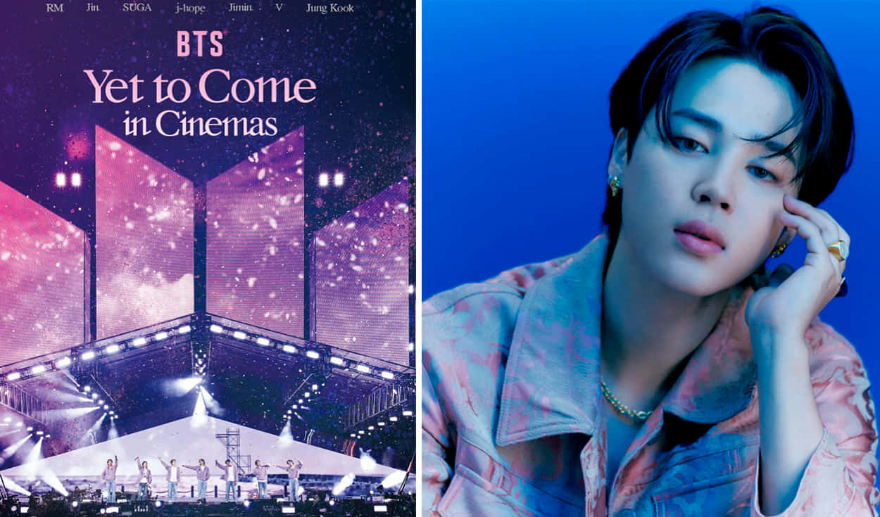 BTS Jimin 個人照 壁紙 — BTS 的 'Yet to Come' 宣傳海報展示了表演者在星光屏幕下閃耀的舞台上，旁邊是一位穿著圖案外套的成員在藍色背景前的肖像。