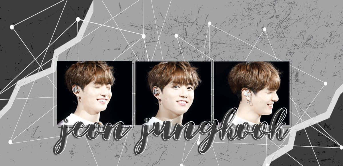 BTS Jungkook以新造型展現酷炫風采 壁紙 — 三個Jeon Jungkook微笑肖像面板，背景為灰色幾何圖案，帶有白色線條，下方寫有他的名字。
