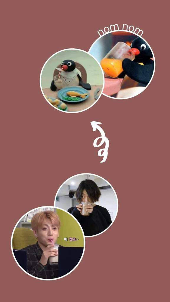 BTS Jungkook化身Pingu 壁紙 — 三個圓形框架展示一隻毛絨企鵝正在進食，以及兩個人在飲用飲品，背景為純淡紫色。