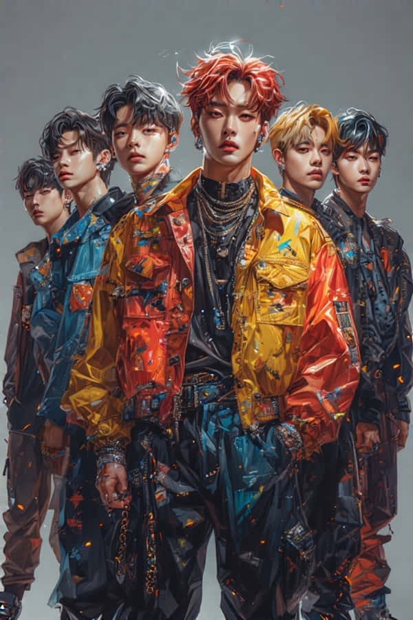 受 BTS 風格啟發的 K-pop 男子團體寫實群像 壁紙 — 六個風格化的年輕男子穿著充滿活力的塗鴉外套和層疊鏈條，在灰色中性背景前擺姿勢。