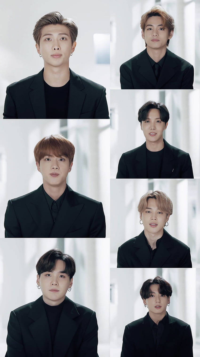 BTS《Life Goes On》拼貼畫 壁紙 — 七名身穿黑色西裝的男子在明亮的白色背景前以網格佈局擺姿勢。